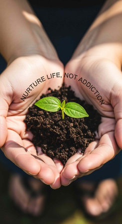 A person holding a small green plant in their cupped hands with a message about nurturing life.