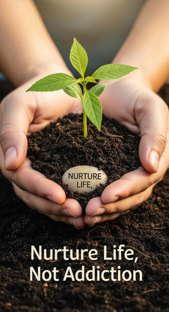 A person gently holds a small green plant with soil and a stone with a nurturing message.