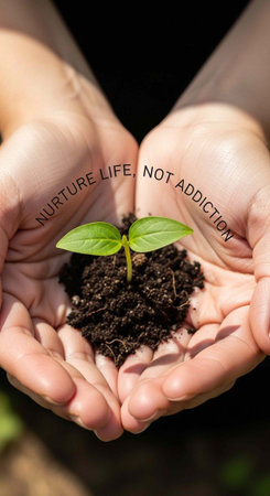 A person gently holds a small green plant with soil in their cupped hands, symbolizing growth and...
