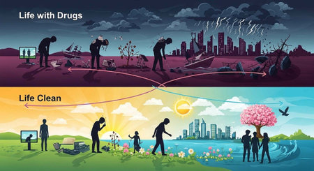 An illustration contrasting life with drugs and a clean life, depicting a journey of recovery and wellness.の写真素材