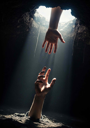 A person's hand reaching out of a dark cave towards another hand for help and rescueの写真素材