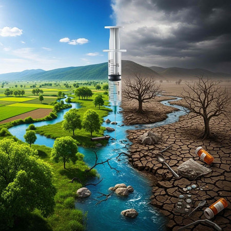 A surreal landscape split in two contrasting halves with a syringe dividing nature and pollution.