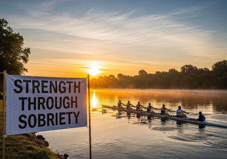 A serene lake scene at sunset with a rowing team and a motivational sign about strength through...