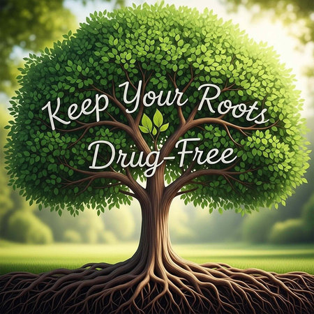 A tree with a strong root system symbolizing a drug-free lifestyle in a serene natural environment