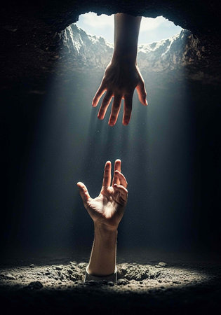 A dramatic scene of two hands reaching out to each other in a dark cave with a bright light shining...
