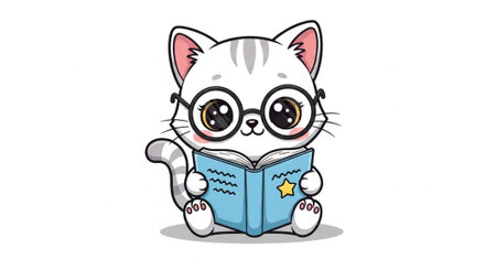 White cat with glasses reads a blue book and looks adorableの写真素材