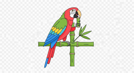 Vibrant parrot with red, green, blue, and yellow feathers on bamboo
