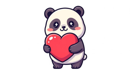 Cute panda bear with a red heart, smiling and showing love on a white background.の写真素材