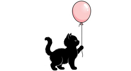 A black cat holds a pink balloon with its paw, standing on a white backgroundの写真素材
