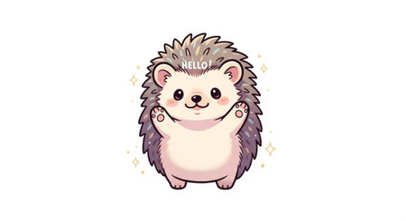 Cute hedgehog with spiky fur, rosy cheeks, and sparkles on a white background says helloの写真素材