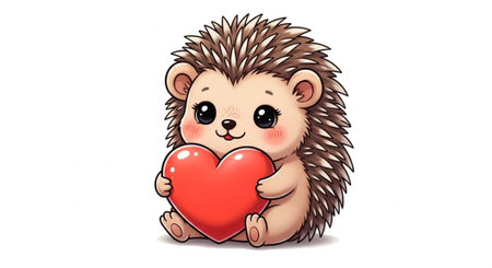 Cartoon hedgehog with brown spikes and big eyes holding a shiny red heart in its handsの写真素材