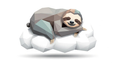 Polygonal sloth sleeping on a cloud isolated on white backgroundの写真素材