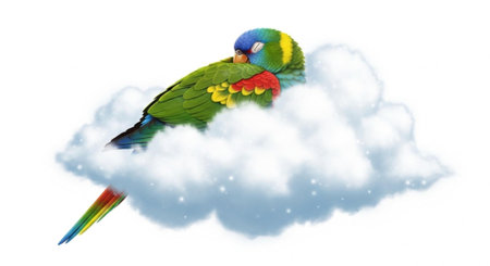 Digital illustration of green parrot with blue, yellow, and red feathers on a cloud
