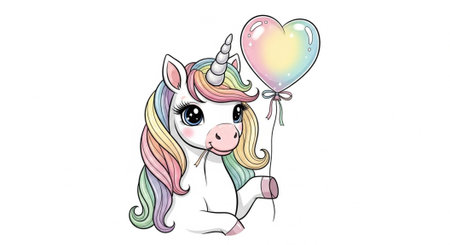 Adorable white unicorn with pastel rainbow mane and heart balloon, smiling sweetlyの写真素材