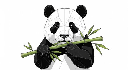 Black and white panda with geometric shapes eating green bamboo shoots and leavesの写真素材