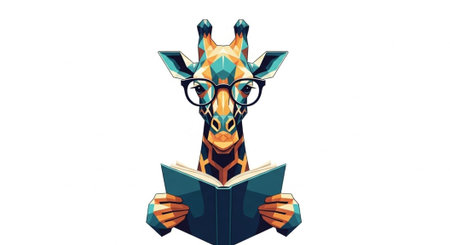 Cartoon giraffe with glasses holding an open book, geometric shapes, colorful illustration on white backgroundの写真素材