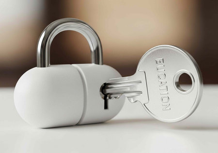 A white padlock with a silver key inserted, symbolizing security and access on a clean surface