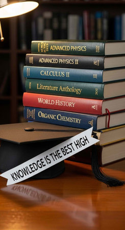 A stack of college textbooks and a graduation cap on a wooden desk with a motivational banner