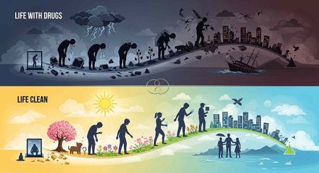 An illustration contrasting life with drugs and a clean life, depicting a journey of struggle and...