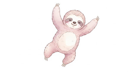 A cute pink sloth with a smile and raised arms on a plain white backgroundの写真素材