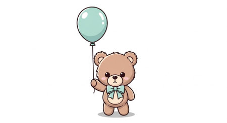 Cute brown teddy bear with light blue balloon and bow tie on plain white background standing aloneの写真素材