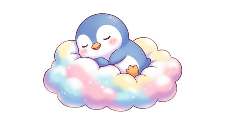 A blue and white penguin sleeps on a fluffy, rainbow-hued cloud with its eyes closed and orange beak.の写真素材