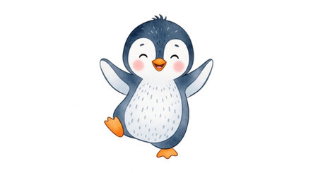 A smiling cartoon penguin with blue and white feathers, orange beak and feet, standing on one leg.の写真素材