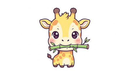 Cute giraffe character with yellow and brown spots holding green bamboo stick in mouthの写真素材