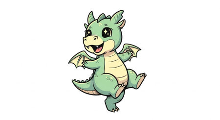 A cute green dragon with big eyes, wings, and a happy face, standing on one legの写真素材
