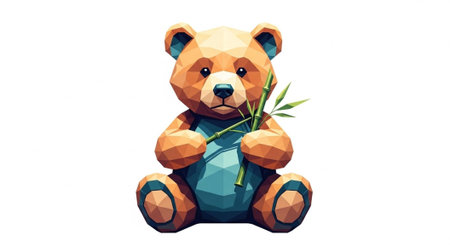 Brown bear with blue accents holds bamboo shoots, sitting on white background in low-poly style