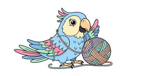 Blue parrot with pink, green, and yellow feathers, holding yarn ball, tangled in string, playful sceneの写真素材