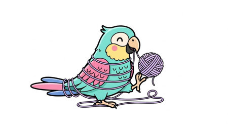 Cute cartoon parrot with a ball of yarn and knitting needles