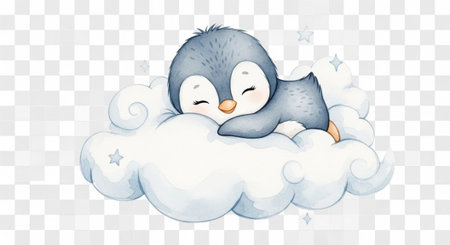 A cute penguin sleeps on a cloud with stars, closed eyes and peaceful expression, cartoon style.の写真素材