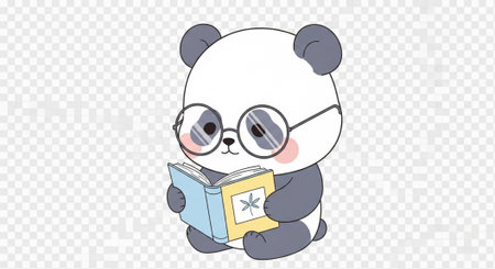 Cartoon panda bear wearing glasses, reading two colorful books, sitting on floor, smiling faceの写真素材