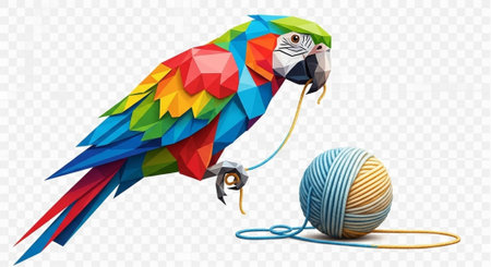 Vibrant polygonal parrot with multicolored feathers holding yarn next to a ball of threadの写真素材