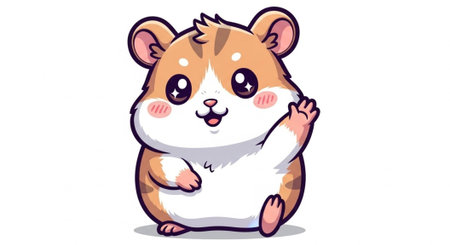 A cute cartoon hamster with brown and white fur, big eyes, and a happy face waves its paw.の写真素材