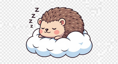 Cartoon hedgehog with brown spikes and pink cheeks sleeping on a cloud with zzz above.の写真素材
