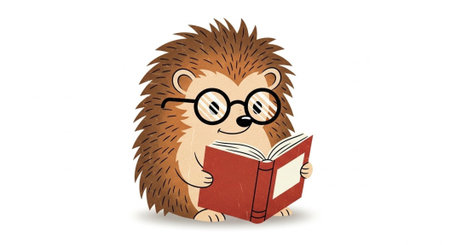 Cartoon hedgehog with glasses reads a red book on a white background with a happy expressionの写真素材