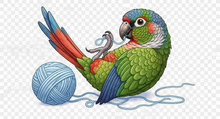 Parrot with green, blue, red, and white feathers holding yarn, sitting next to blue ballの写真素材