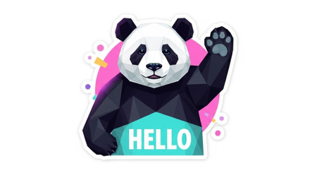 A geometric panda bear with a hello sign and colorful backgroundの写真素材