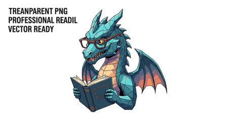 Teal dragon with orange wings and glasses reads a blue book, cartoon style, fantasy creatureの写真素材