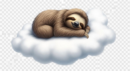 A cute sloth lies on a cloud, smiling and sleeping, with brown fur and a tan face.の写真素材