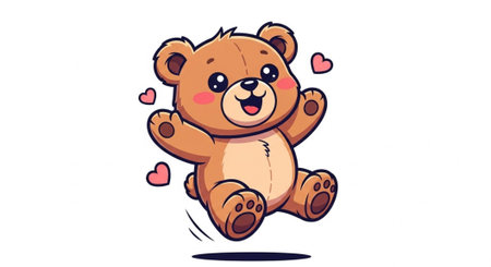 Happy brown teddy bear in mid-air with hearts and smiling face on plain white space
