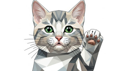 Digital artwork of a geometric cat with grey, white, and pink hues and green eyes