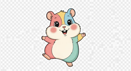 A cheerful cartoon hamster with multicolored fur, standing upright, and looking happy.の写真素材