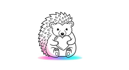 A cute hedgehog holds a heart with a pink and blue gradient shadow underneath on whiteの写真素材
