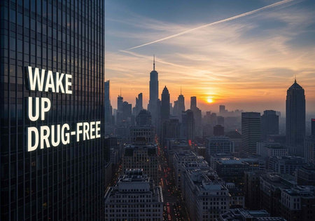 A cityscape at sunset with a building displaying a Wake Up Drug-Free message in a urban landscapeの写真素材