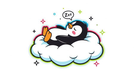 A cute penguin sleeps on a cloud with sparkles and a speech bubble saying Zzzの写真素材