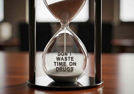 A close-up of an hourglass with a motivational message on it, sitting on a wooden table in a blurred...