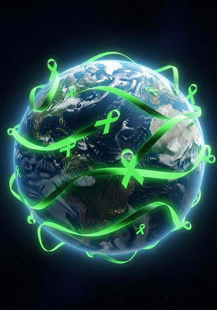 A glowing green ribbon wrapped around the Earth symbolizing global awareness and support for a cause